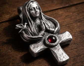 Collar con colgante de cruz de la Virgen María hecho a mano, piedra roja, regalo católico, joyería religiosa cristiana para mujer.