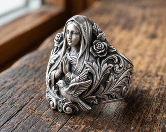 Anillo de la Virgen María hecho a mano, anillo católico de plata de ley, joyería religiosa cristiana, regalo de fe personalizado para mujeres.