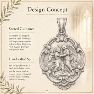 May include: A silver-toned pendant featuring an intricate relief design of an angel guiding a child, surrounded by ornate scrollwork. The text reads Design Concept, Sacred Guidance, and Handcrafted Spirit, describing the artistic inspiration.