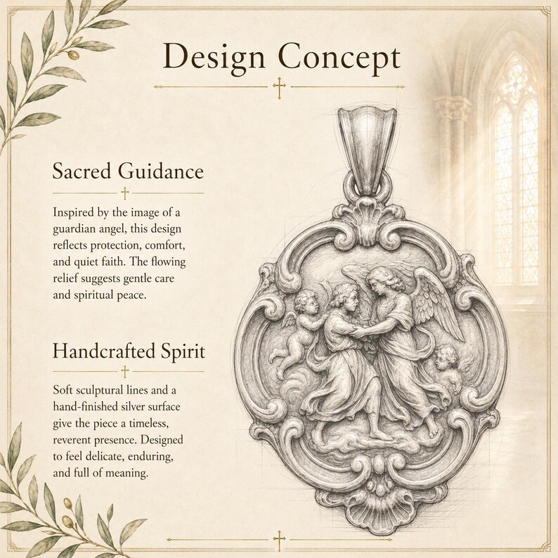 May include: A silver-toned pendant featuring an intricate relief design of an angel guiding a child, surrounded by ornate scrollwork. The text reads Design Concept, Sacred Guidance, and Handcrafted Spirit, describing the artistic inspiration.
