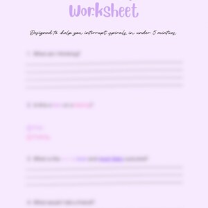 May include: A worksheet with the title "Overthinking Reset Worksheet" in purple script on a light purple background. The text below reads "Designed to help you interrupt spirals in under 5 minutes."