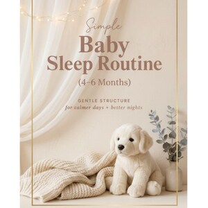 May include: A cream-colored plush puppy sits beside a folded cream blanket. The image includes text: "Simple Baby Sleep Routine (4-6 Months)" and "Calm days. Restful nights." A gold frame surrounds the scene.