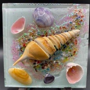 May include: A square glass art piece featuring a central spiral seashell surrounded by smaller shells in shades of pink, purple, and yellow. The composition is accented with scattered multicolored glass fragments and iridescent glitter on a clear base.