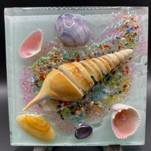 May include: A square glass panel featuring a central spiral seashell surrounded by scattered colorful glass fragments and smaller shells in shades of pink, purple, and yellow. The composition includes a light pink shell, a purple shell, and a yellow shell.