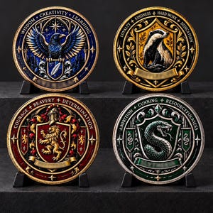 May include: Four circular metal medallions featuring heraldic designs. Top left: blue with an eagle, text WISDOM + CREATIVITY + LEARNING. Top right: gold with a badger, text LOYALTY + KINDNESS + HARD WORK + DEDICATION. Bottom left: red with a lion, text COURAGE + BRAVERY + DETERMINATION. Bottom right: green with a snake, text AMBITION + CUNNING + RESOURCEFULNESS.