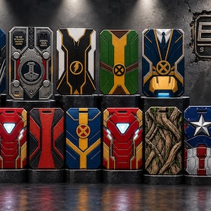 May include: A collection of fourteen rectangular, stylised metal plates featuring various superhero-themed designs, including character-inspired patterns, emblems, and textures. Each plate displays distinct colours and motifs, with a BRS STORE logo visible in the upper right corner.