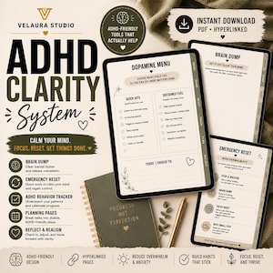 May include: Digital ADHD Clarity System planner with a minimalist design. Features a dopamine menu, brain dump, emergency reset, and behaviour tracker. Designed to reduce overwhelm and anxiety, and build habits that stick.