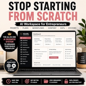 May include: A laptop displays an AI workspace interface with the text "STOP STARTING FROM SCRATCH." The screen shows options for prompts, plans, workflows, and content. The system is designed to help entrepreneurs organize their workflow and works with ChatGPT and Claude.