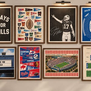 May include: A gallery wall set of eight framed prints featuring Buffalo Bills football themes, including a Josh Allen portrait, stadium diagrams, pennants, a patent drawing, and text-based signs reading Sundays Are For The Bills.