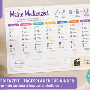 May include: A colourful printable daily planner for children, featuring a weekly schedule with checkboxes for tasks like brushing teeth and getting dressed. The planner includes the text "Meine Medienzeit" and a section for earning stars.
