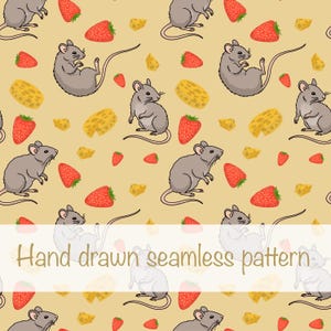 Hand-Drawn Mouse, Cheese, Strawberry Seamless Pattern (Digital Download)