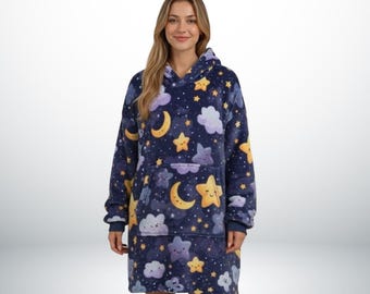 Couverture à capuche portable imprimée galaxie, tenues de détente oversize en flanelle, étoiles célestes nuages de lune