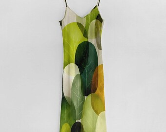 Maxi robe sans lacets verte à feuilles abstraites, longueur cheville botanique bohème, robe fluide pour les vacances d'été
