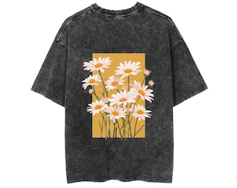 T-shirt graphique vintage délavé à motif de marguerites, t-shirt surdimensionné floral cottagecore