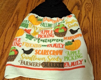 Fall Crochet Top Hanging Pumpkin Print Towel, Decorative Kitchen Hanging Towel