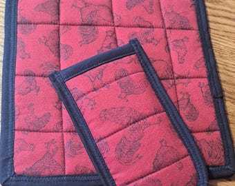 Chicken print fabric, Trivet Potholder, Skillet Handle and Potholder Set