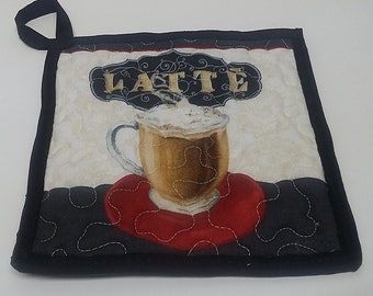 Coffee Cup Print Potholder, Quilted Fabric Trivet