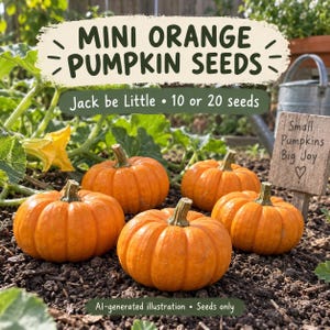 Può includere: Quattro piccole zucche arancioni rotonde con piccioli verdi su terreno scuro. Il testo recita: MINI ORANGE PUMPKIN SEEDS, Jack be Little, 10 or 20 seeds, Small Pumpkins Big Joy, AI-generated illustration, Seeds only.