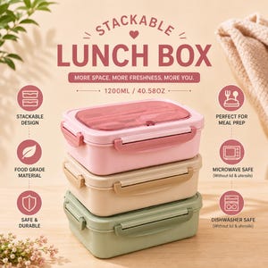 Könnte beinhalten: Ein stapelbares Lunchbox-Set mit drei rechteckigen Behältern in Hellrosa, Beige und Salbeigrün. Jeder Behälter verfügt über seitliche Verschlussclips und ein Fassungsvermögen von 1200 ml. Der obere Deckel ist durchscheinend rosa und enthält Besteck.