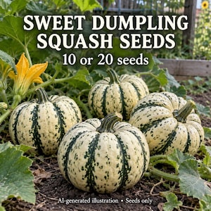 Peut inclure: Trois courges Sweet Dumpling à peau crème avec des rayures et des taches vert foncé, posées sur un sol sombre. Le texte indique : SWEET DUMPLING SQUASH SEEDS 10 or 20 seeds. Illustration générée par IA • Graines uniquement.