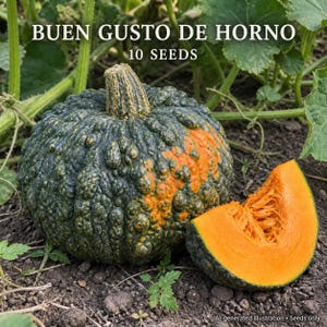May include: A dark green, bumpy-skinned squash with orange patches and a thick stem, accompanied by a sliced wedge revealing bright orange flesh and seeds. The text reads BUEN GUSTO DE HORNO and 10 SEEDS, indicating a pack of ten seeds.