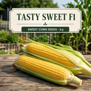 Pode incluir: Duas espigas de milho doce amarelo com palhas verdes sobre uma superfície de madeira. Acima do milho, um rótulo retangular apresenta o texto TASTY SWEET F1 e SWEET CORN SEEDS 6 g em letras verde-escuras sobre um fundo creme.