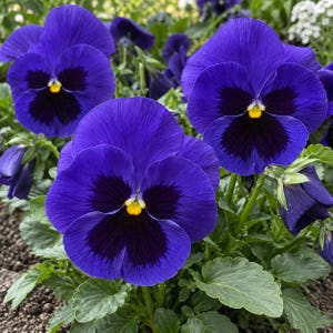 Op de afbeelding: Een groep viooltjes met diep koningsblauwe bloemblaadjes, donkerpaars-zwarte centra en een klein, felgeel oog in het midden. De bloemen zijn omgeven door weelderig groen blad en groeien uit donkere, vochtige aarde.