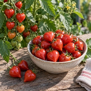 Op de afbeelding: Een keramische kom gevuld met felrode, hartvormige cherrytomaatjes, met extra tomaten op een verweerd houten oppervlak. De tomaten hebben een duidelijke punt en groene tomatenranken zijn zichtbaar op de achtergrond.
