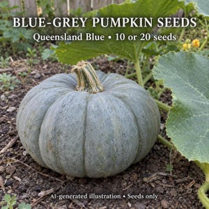 Può includere: Una zucca Queensland Blue blu-grigia con una superficie ruvida e costolata e un gambo spesso e legnoso. Il testo recita: BLUE-GREY PUMPKIN SEEDS, Queensland Blue, 10 or 20 seeds, AI-generated illustration, seeds only. La zucca poggia su un terreno scuro.