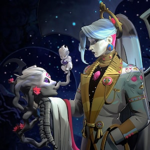 May include: Digital illustration of a character in a white and gold military-style jacket with pink accents, holding a skeletal head with red flower details. A small figure floats nearby. The background is a starry night sky.