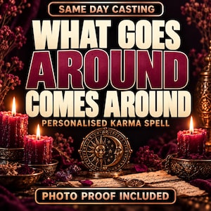 May include: A digital graphic featuring the text SAME DAY CASTING, WHAT GOES AROUND COMES AROUND, PERSONALISED KARMA SPELL, and PHOTO PROOF INCLUDED. The image displays two lit red candles, a bronze sun and moon disc, and parchment paper.