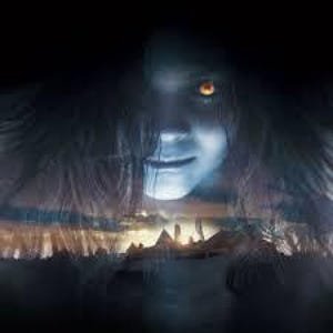 May include: A digitally enhanced image of a pale face with long, dark hair and glowing orange eyes. The face is superimposed over a dark, blurred landscape with silhouetted structures and a hazy sky, creating a mysterious and eerie atmosphere.