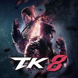Puede incluir: Ilustración digital con dos personajes de la serie de videojuegos Tekken. Los personajes se muestran con expresiones intensas y poses dinámicas, sobre un fondo oscuro y ardiente. El texto "TK 8" se muestra prominentemente en blanco y rojo.