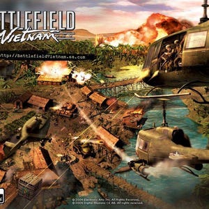 Könnte beinhalten: Das Cover des Videospiels Battlefield Vietnam zeigt einen Militärhubschrauber im Flug über einer Kriegsszene. Der Titel des Spiels ist groß dargestellt, darunter die Website-Adresse. Explosionen und andere Militärfahrzeuge sind ebenfalls zu sehen.
