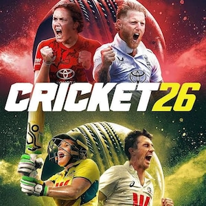 May include: A promotional graphic for Cricket 26 featuring four cricket players in action poses. Two players are shown from the chest up with fists raised, while two others are shown below, one wearing a helmet and holding a cricket bat.
