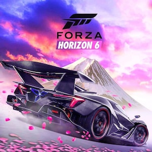 Könnte beinhalten: Ein schwarzes Sportauto mit roten Akzenten und einem großen Spoiler vor einem Berg und einem lebendigen Himmel. Das Bild zeigt den Text "FORZA HORIZON 6" und rosa Blütenblätter.