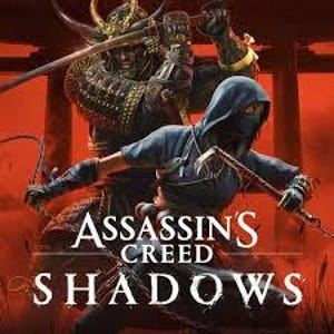 May include: Promotional image for Assassin's Creed Shadows. The image features two figures: a samurai in ornate armor and a ninja in a hooded outfit. The game's title is prominently displayed in white text against a red background.