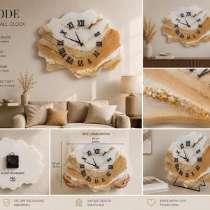 May include: A geode-inspired resin wall clock with a unique, organic shape. The clock features a white and gold color scheme, black Roman numerals, and black clock hands. The clock measures 24.8 inches in diameter and is a handmade, silent movement piece.