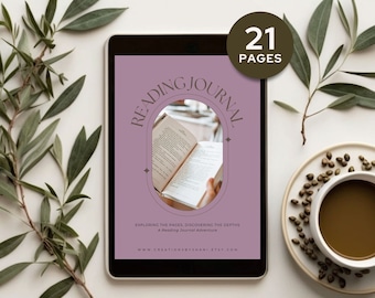 May include: A digital tablet displaying a printable reading journal cover with a purple background and a book image. The text on the cover reads "Reading Journal" and "Exploring the pages, discovering the depths. A reading journal adventure." The text at the top of the image reads "21 Pages".
