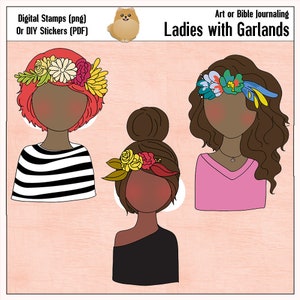 Dames met slingers: Art Journaling digitale postzegels (PNG, pdf)