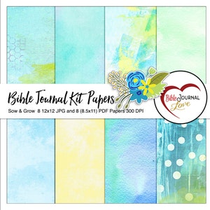 Carta di sfondo ad acquerello in verde, blu e giallo abbinata al kit di diario biblico Sow & Grow ENTRAMBI 12x12 e 8,5x11 BONUS