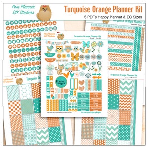 Plannerkit! Turquoise oranje afdrukbare stickers / 5 PDF-illustraties, Washi, HP & EC-dozen, 180 pictogrammen / uilen, vogels, kat