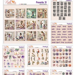 Puede incluir: Una colección de papeles digitales y clipart con un esquema de color morado, rosa y verde con diseños florales, de mariposas y pájaros. Los papeles y el clipart están basados en Proverbios 31.