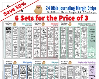 Save 50%! Bible Journaling Margin Strips 24 Printable Coloring or Trace for Wide Bible Margins or Planner Sticker or Bookmarks 6 Sets