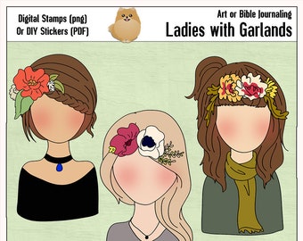 Gesichtslose Damen mit Girlanden im Haar 3 schöne Damen mit Girlanden, Art Journaling oder Bibel Journaling Girls