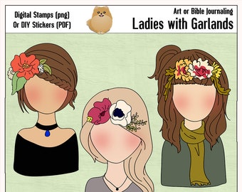 Ladies with Garlands: Art Journaling Digital Stamps (PNG, PDF)