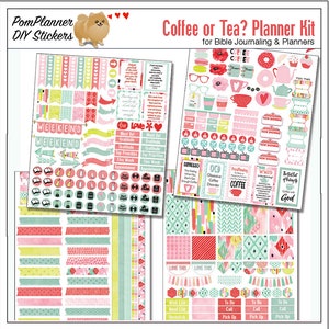 Planner Kit Printable Planner Stickers Kit Watercolor Ikat Coffee or Tea 4 PDF, 300 Stickers Bible Verses EC or Happyplanner image 1