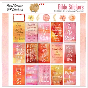May include: A set of 12 pink and orange watercolour Bible journaling stickers with inspirational quotes and scripture verses. The stickers feature a variety of designs, including flowers, hearts, and a small dog.