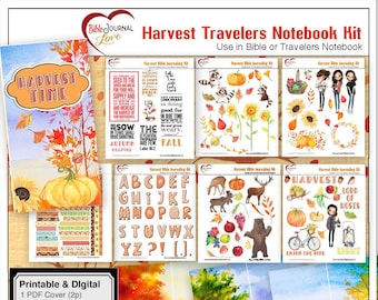 Harvest Bible Journal Kit: Digital & Printable Faith Travelers Notebook in Watercolor Autumn Leaves, Pumpkins