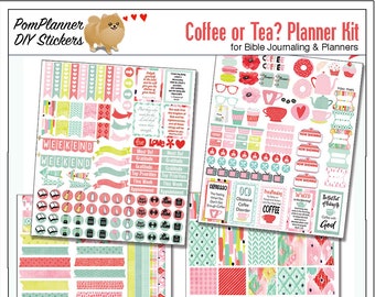 Planner Kit! Printable Planner Stickers Kit Watercolor Ikat Coffee or Tea 4 PDF,  300 Stickers  Bible Verses  EC or Happyplanner